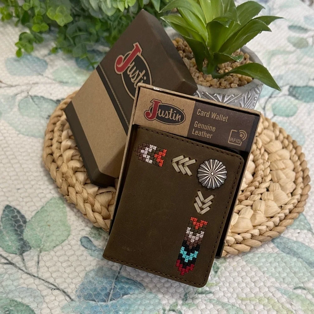 New Justin Boots Genuine Leather Card Wallet Tribal Western Colorful Embroidery